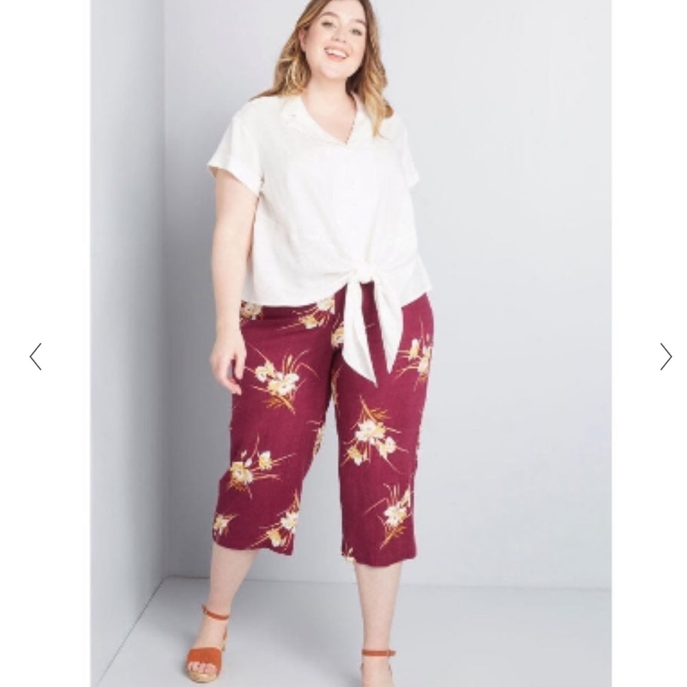 NWT $69 ModCloth Burgundy Floral Wide Leg Cropped Pants Plus Size 24